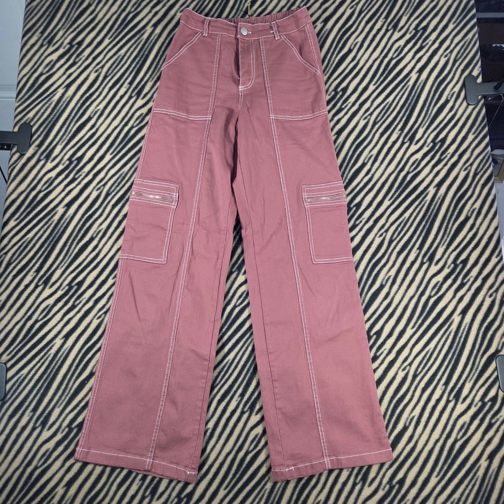 Y2K Rachel Paige Contrast Stitch Cargo Pants Mauve Wide Leg Utility Womens Small
